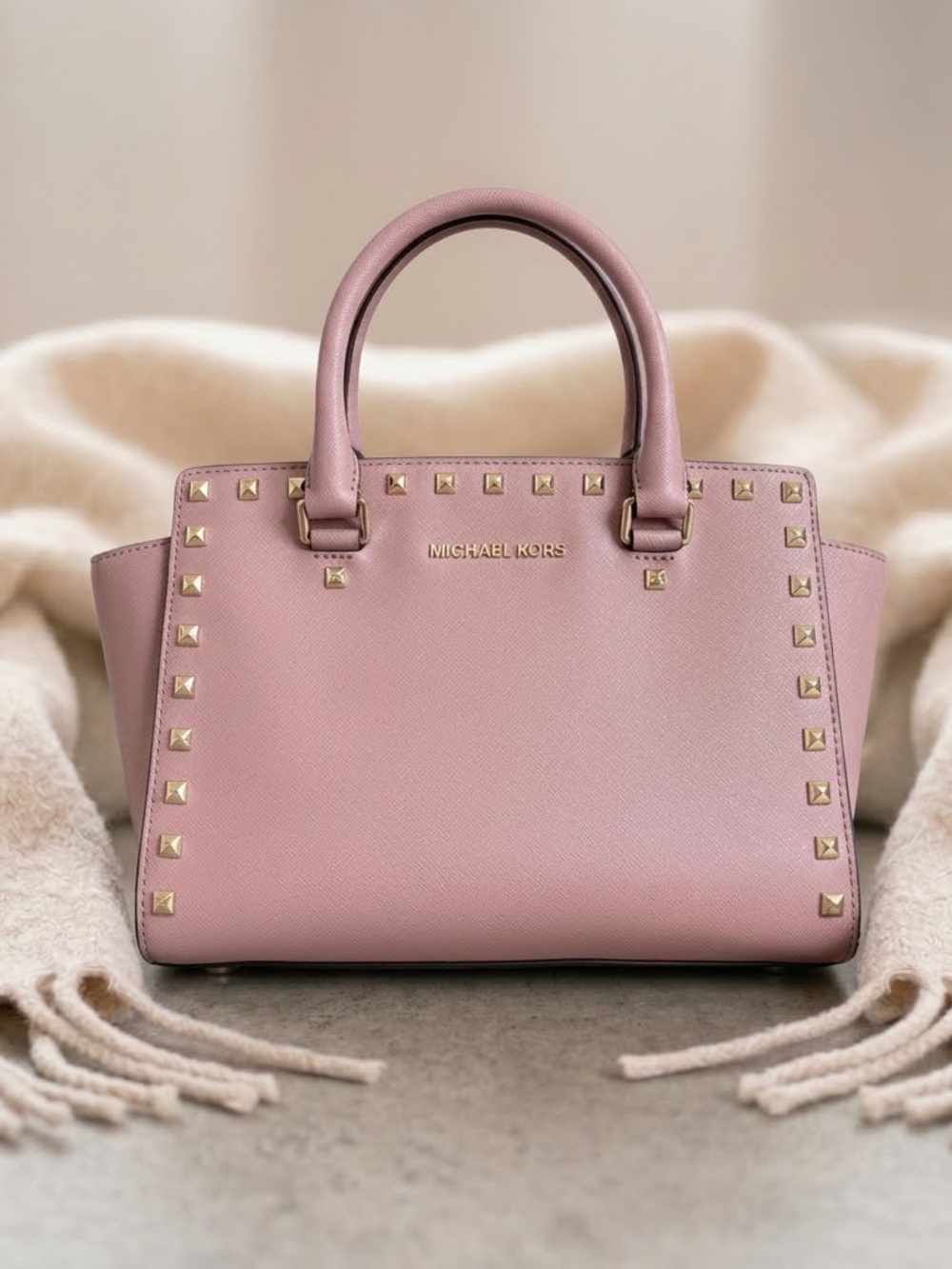 Michael Kors Selma Studded Medium Saffiano Leather Satchel Pink Gold Hardware
